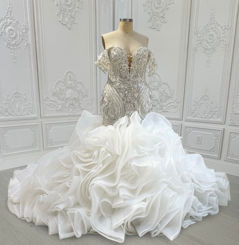 TBC-CM14 Custom-made luxury crystal beaded sparkling off the shoulder mermaid wedding dress with ruffles skirt