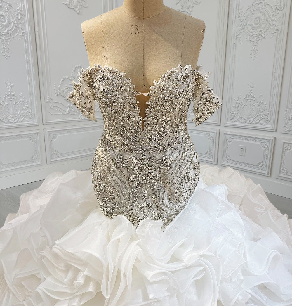 TBC-CM14 Custom-made luxury crystal beaded sparkling off the shoulder mermaid wedding dress with ruffles skirt