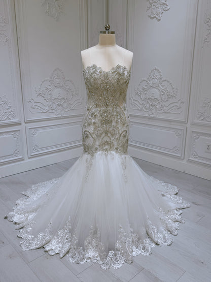 TBC-2IN1-001 Luxury beading sparkling mermaid royal wedding dress with detachable ruffled skirt