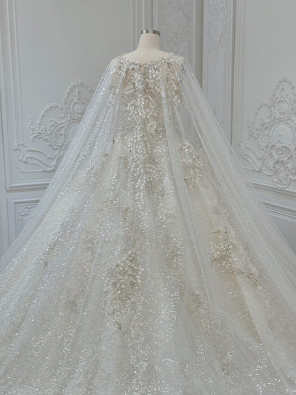 Stock Clearance! Bridal Size 12! Champagne color sparkling 3D floral lace princess ballgown fairy wedding dress with detachable cape