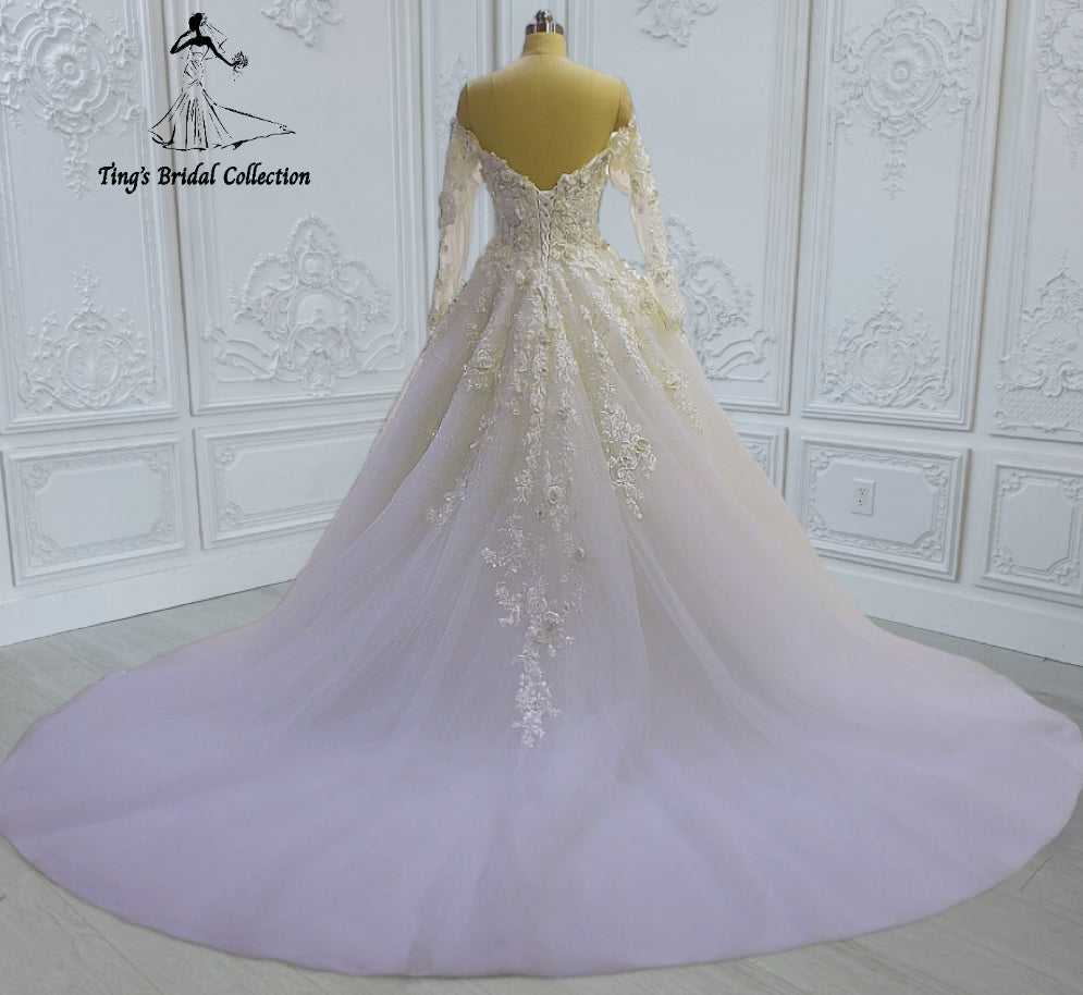 TBC-CM45 Made to order lace embroidered off the shoulder long sleeve Aline wedding dress