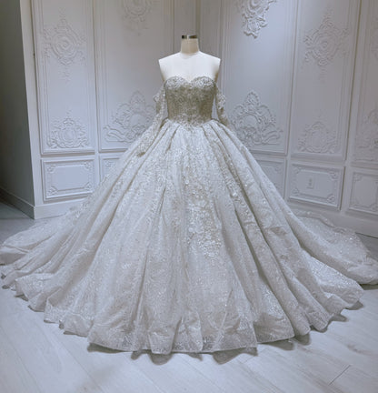 Stock Clearance! Bridal size 12! Luxury beading sparkling strapless princess floral ballgown fairy wedding dress - Ting's Bridal Collection