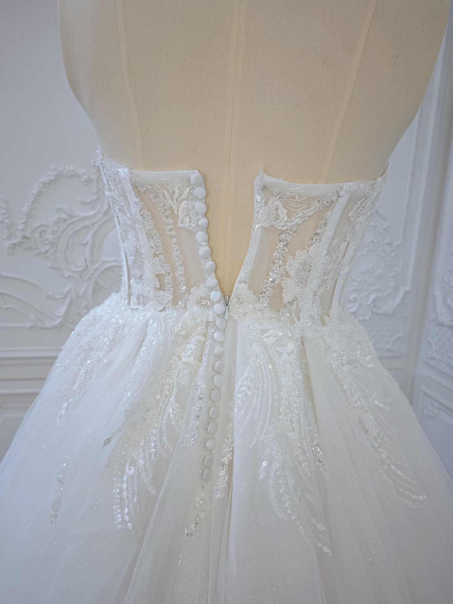 TBC-CM36 Custom-made lace embroidered strapless Aline wedding dress with split skirt
