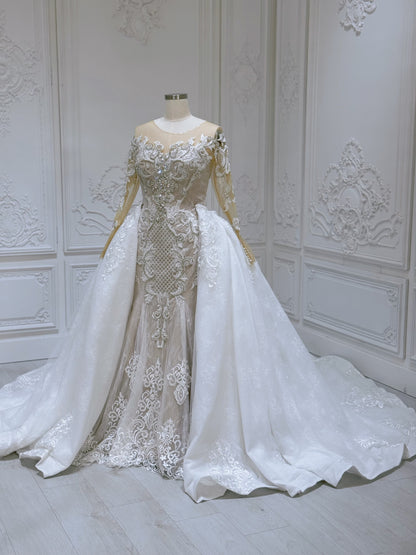 TBC-CM26 Stock of long sleeve beading lace embroidered mermaid wedding dress with detachable skirt