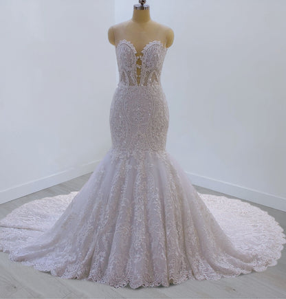 TBC-CM42 Custom-made lace embroidered strapless mermaid wedding dress