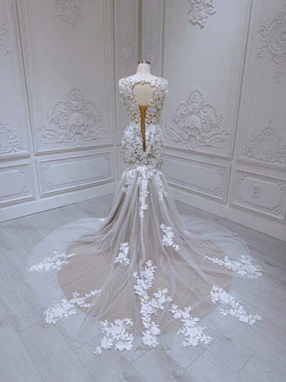 TBC-A017 Made to order lace mermaid champagne wedding dress