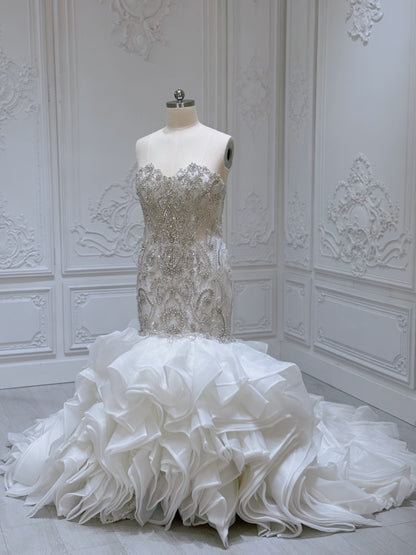 TBC-2IN1-001 Luxury beading sparkling mermaid royal wedding dress with detachable ruffled skirt
