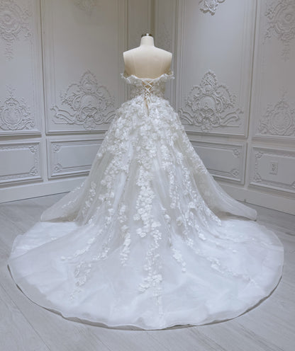Stock Sale! Bridal size 12! Custom-made 3D floral embroidered off the shoulder with sweetheart Aline fairy wedding dress - Ting's Bridal Collection