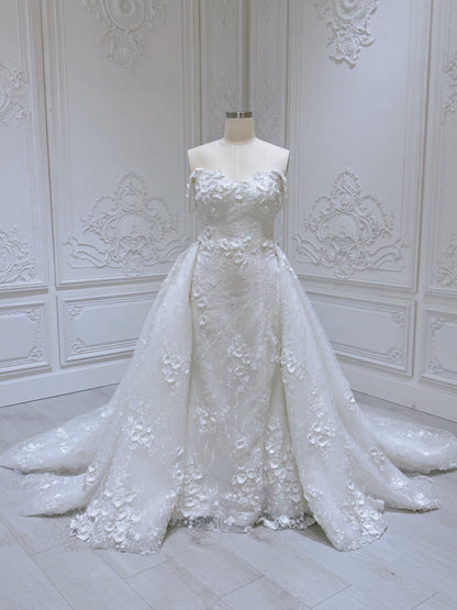 TBC-2IN1-002  Stock of White 3D floral off the shoulder 2 in 1 split mermaid wedding dress with detachable skirt