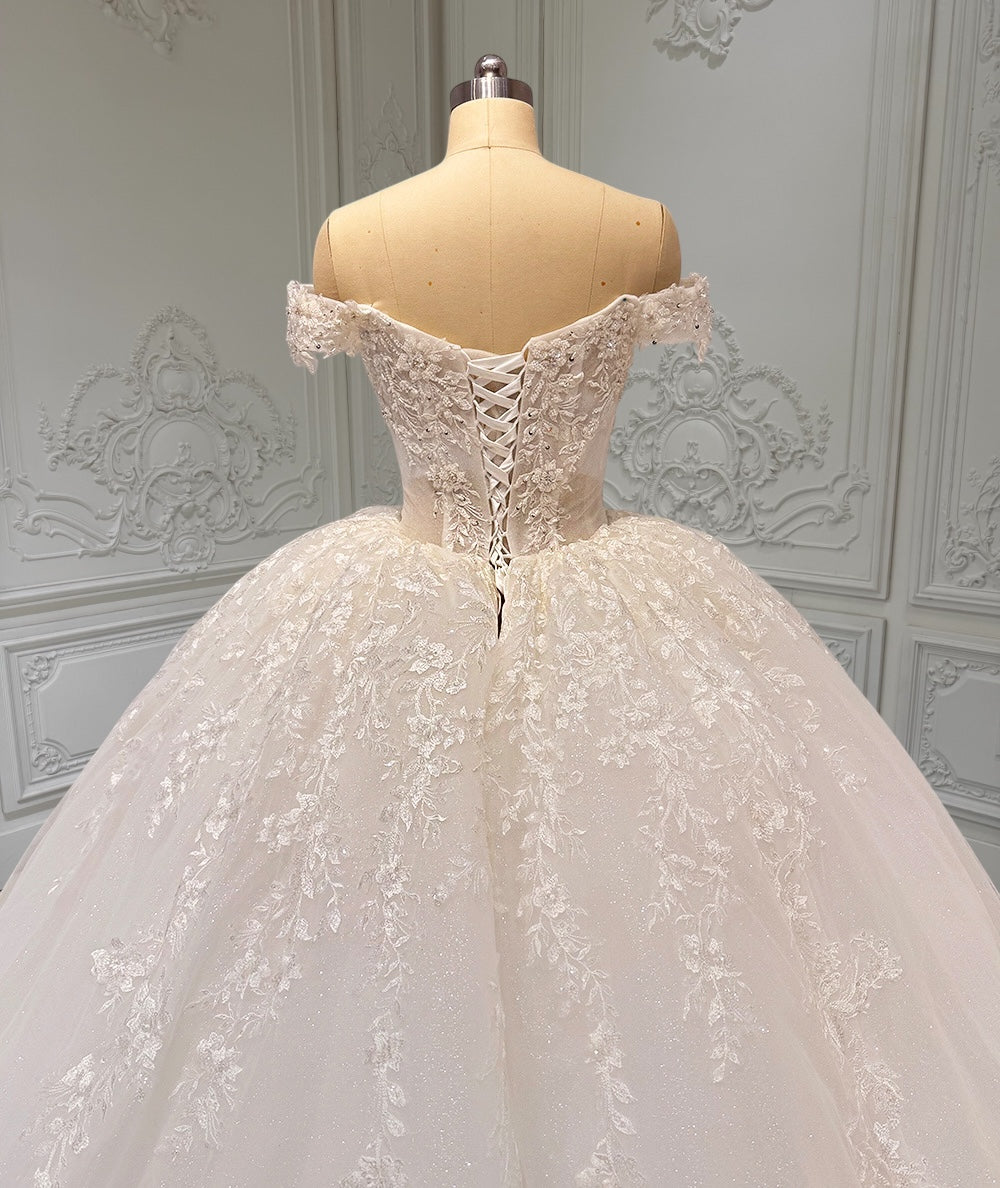 TBC-CM16 Custom-made lace embroidered off the shoulder with Deep V ballgown wedding dress