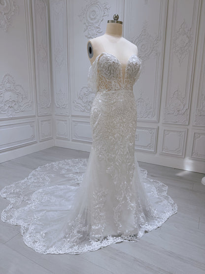 Stock Sale! Size 16! Custom-made lace embroidered off the shoulder trumpet/mermaid wedding dress - Ting's Bridal Collection