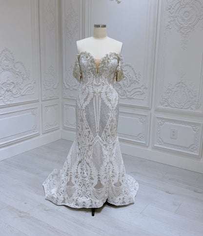 Stock Sale! Ivory crystal beaded fitting trumpet wedding dress with split