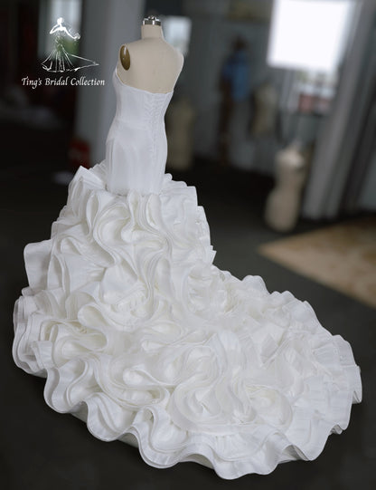 TBC-CM33 Custom-made strapless white satin mermaid wedding dress with ruffles skirt