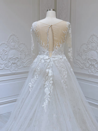 TBC-CM53 Custom-made off white lace embroidered sparkling long sleeve Aline wedding dress