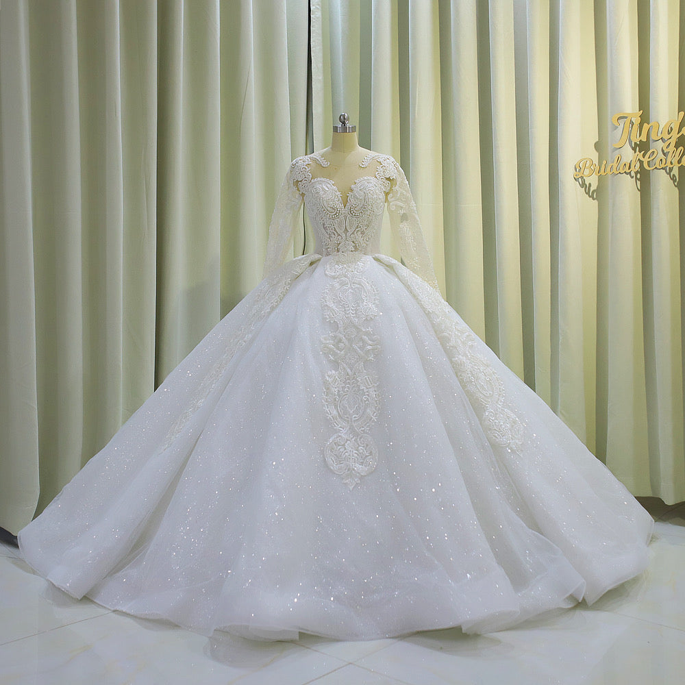 TBC-CM009   Custom-made lace embroidered with beading long sleeve ballgown style royal wedding dress - Ting's Bridal Collection
