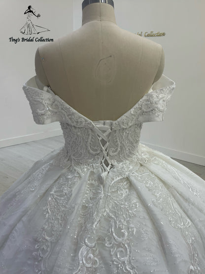 TBC-CM32 Custom-made 3D lace embroidered off the shoulder princess ballgown royal wedding dress