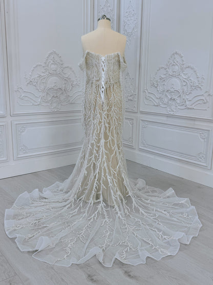 TBC-CM40 Custom-made pearl beading off the shoulder mermaid wedding dress