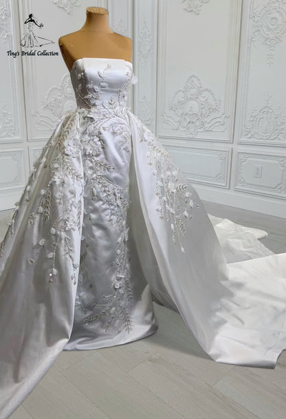 Custom-made white satin 3D beading lace embroidered strapless with straight neck 2 in 1 look trumpet wedding dress with detachable skirt - Ting's Bridal Collection