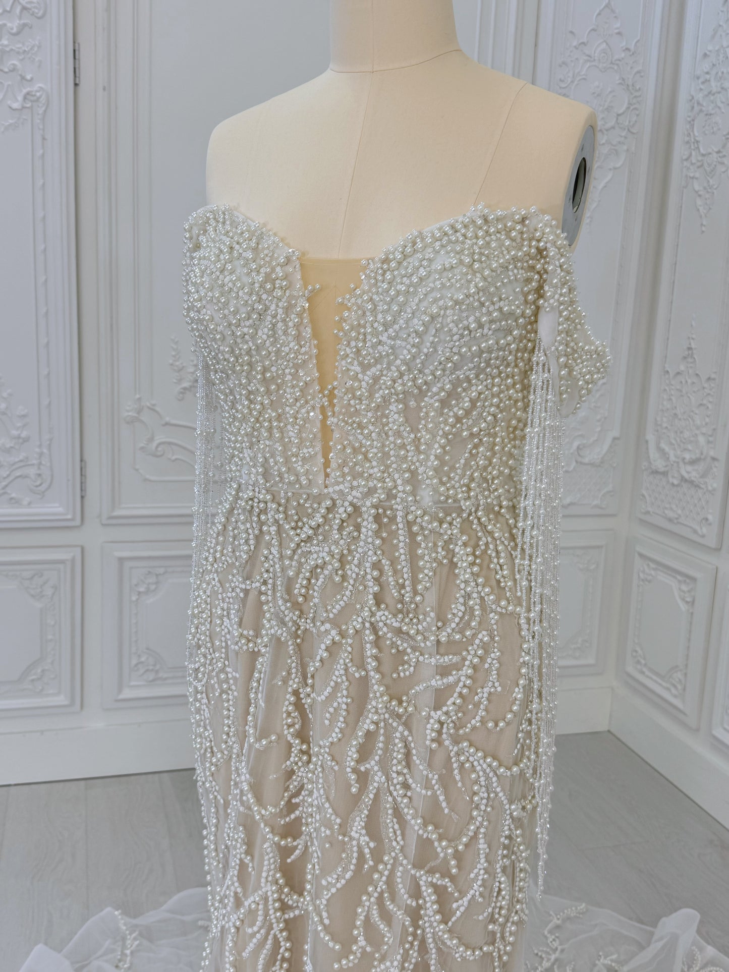 TBC-CM40 Custom-made pearl beading off the shoulder mermaid wedding dress