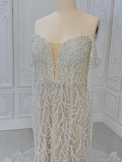 TBC-CM40 Custom-made pearl beading off the shoulder mermaid wedding dress