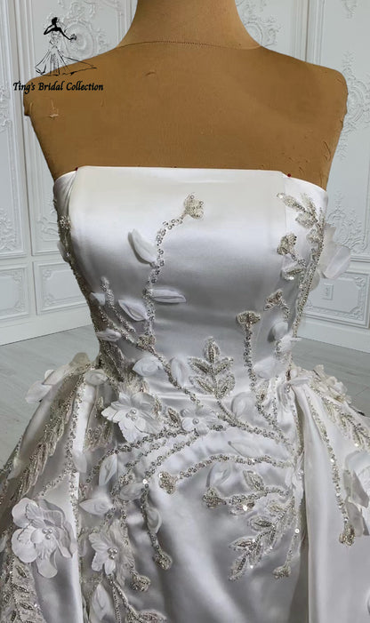 Custom-made white satin 3D beading lace embroidered strapless with straight neck 2 in 1 look trumpet wedding dress with detachable skirt - Ting's Bridal Collection