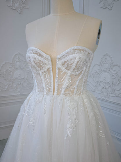 TBC-CM36 Custom-made lace embroidered strapless Aline wedding dress with split skirt