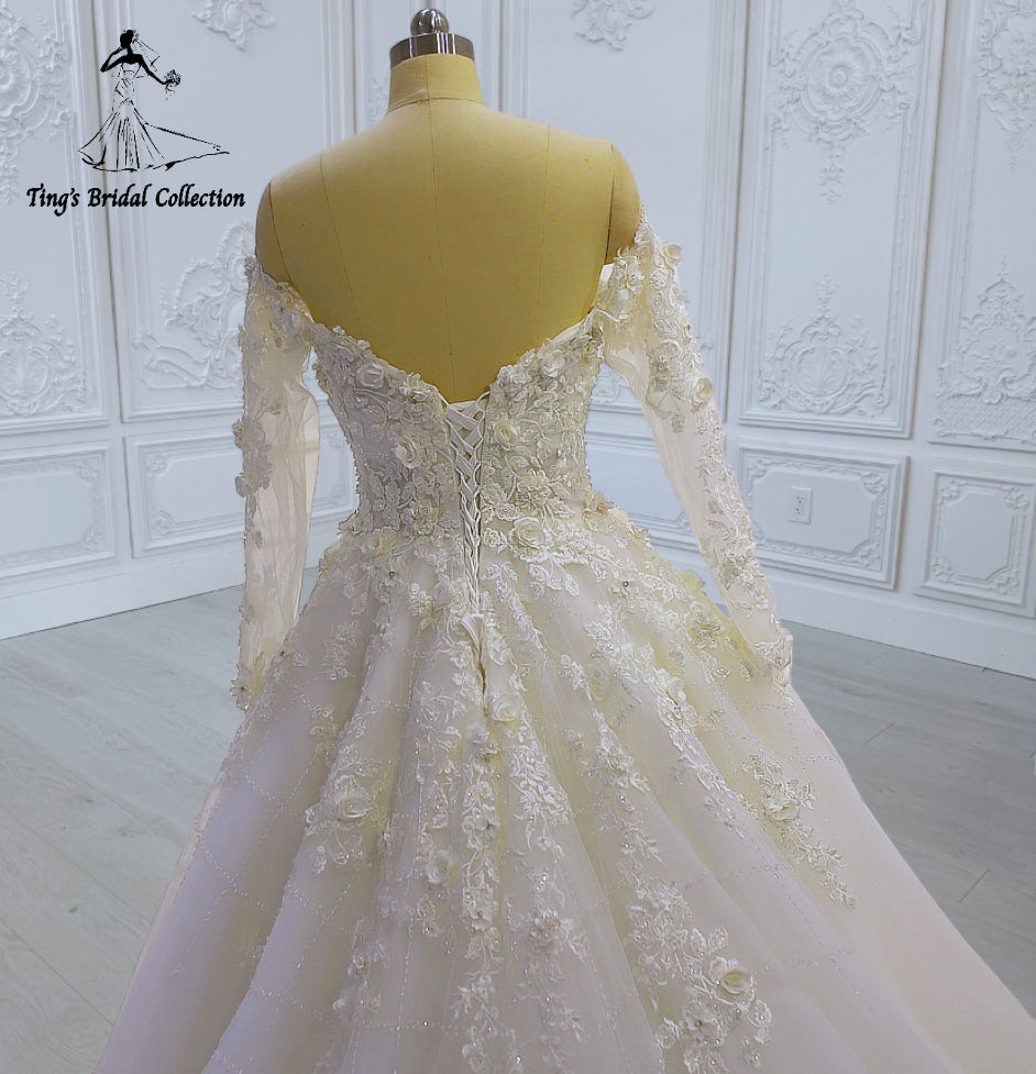 TBC-CM45 Made to order lace embroidered off the shoulder long sleeve Aline wedding dress