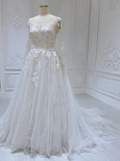 TBC-CM53 Custom-made off white lace embroidered sparkling long sleeve Aline wedding dress
