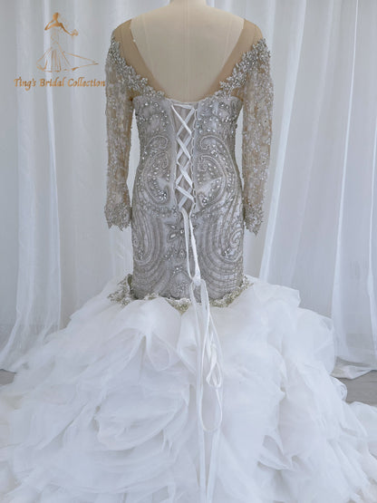 TBC-CM49 Custom-made fully crystal beaded long sleeve mermaid royal wedding dress with detachable ruffles skirt