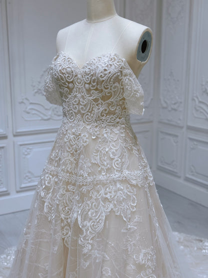 Stock Clearance! Bridal size 12-14! Cream color lace embroidered off the shoulder Aline wedding dress
