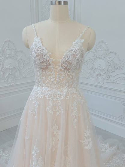 Stock Clearance! Blush color Spaghetti strap Deep V beach/outdoor wedding dress - Ting's Bridal Collection