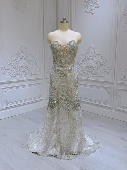 TBC-2IN1-012 Custom-made luxury crystal 2 in 1 style royal wedding dress with skirt