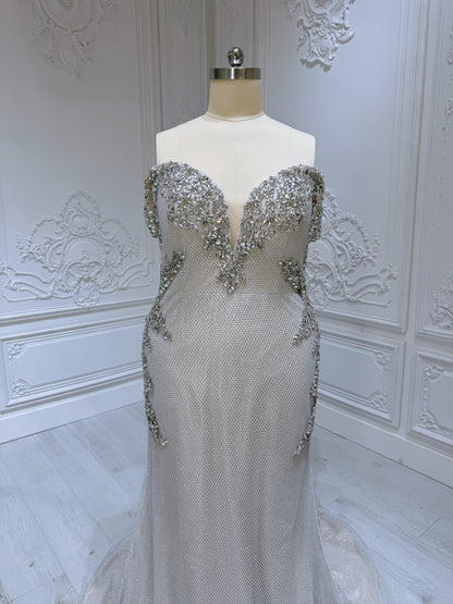 Stock Clearance! Plus size 22! Champagne color crystal beaded off the shoulder mermaid/trumpet wedding dress/formal event gown