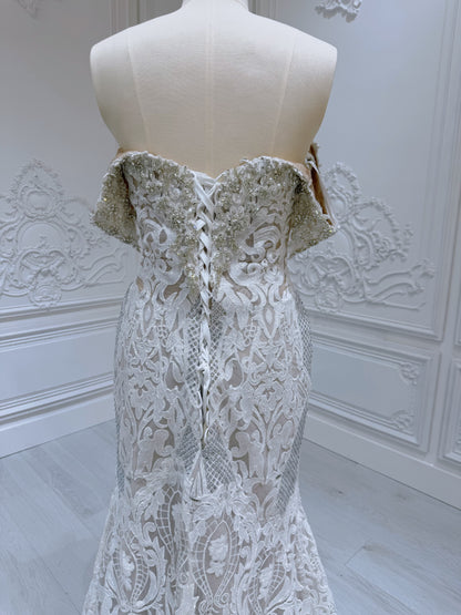 Stock Sale! Ivory crystal beaded fitting trumpet wedding dress with split