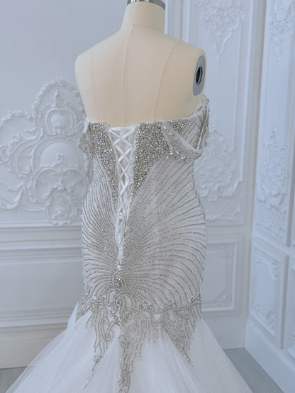 TBC-2IN1-003 Luxury crystal pearl beaded off the shoulder mermaid wedding dress with detachable ruffled skirt