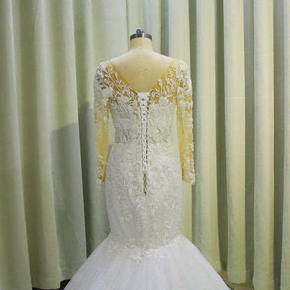 TBC-CM001  Custom-made floral embroidered long sleeve 2 in 1 ballgown and mermaid wedding dress with detachable skirt - Ting's Bridal Collection