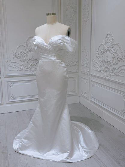 Stock Clearance! Bridal size 12! White satin off the shoulder pleated 2 in 1 style mermaid wedding dress with detachable skirt