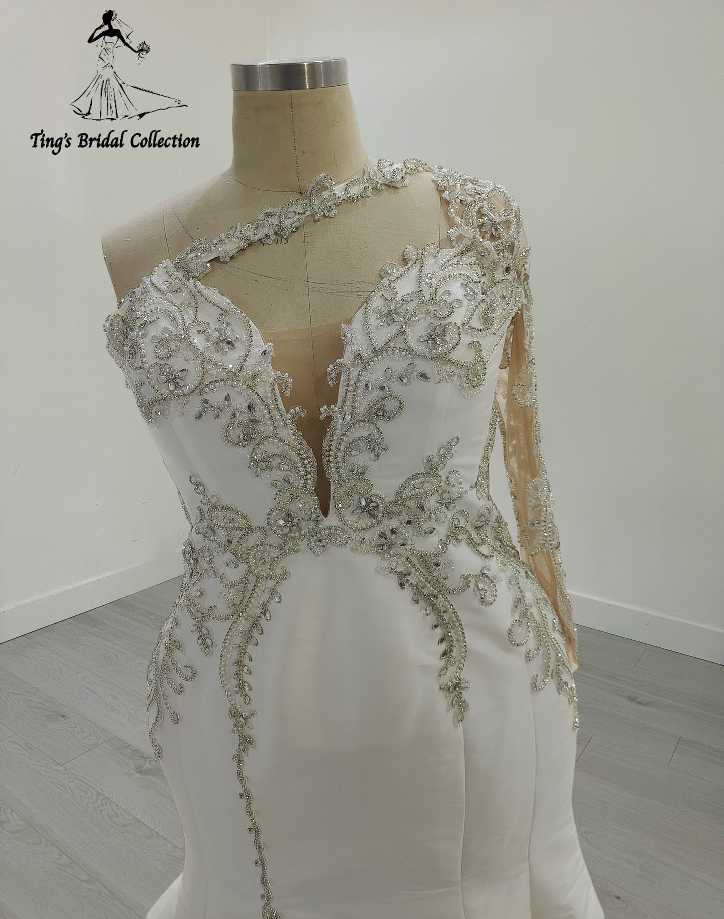 TBC-CM30 Custom-made luxury beading crossed one shoulder with long sleeve 2 in 1 style royal wedding dress with detachable skirt