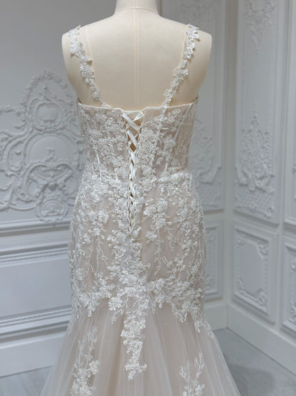 Custom-made ivory floral beading mermaid wedding dress with floral shaped train - Ting's Bridal Collection