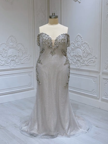 Stock Clearance! Plus size 22! Champagne color crystal beaded off the shoulder mermaid/trumpet wedding dress/formal event gown