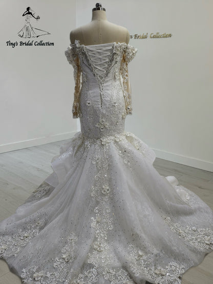 TBC-CM28 Made to order crystal beading with3D floral 2 in 1 style mermaid wedding dress with detachable ruffled skirt