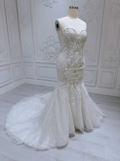 Stock Clearance! Bridal size 12! Custom-made off white beading strapless 2 in 1 look trumpet wedding dress with detachable ruffled skirt