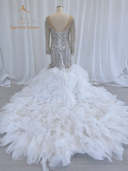 TBC-CM49 Custom-made fully crystal beaded long sleeve mermaid royal wedding dress with detachable ruffles skirt