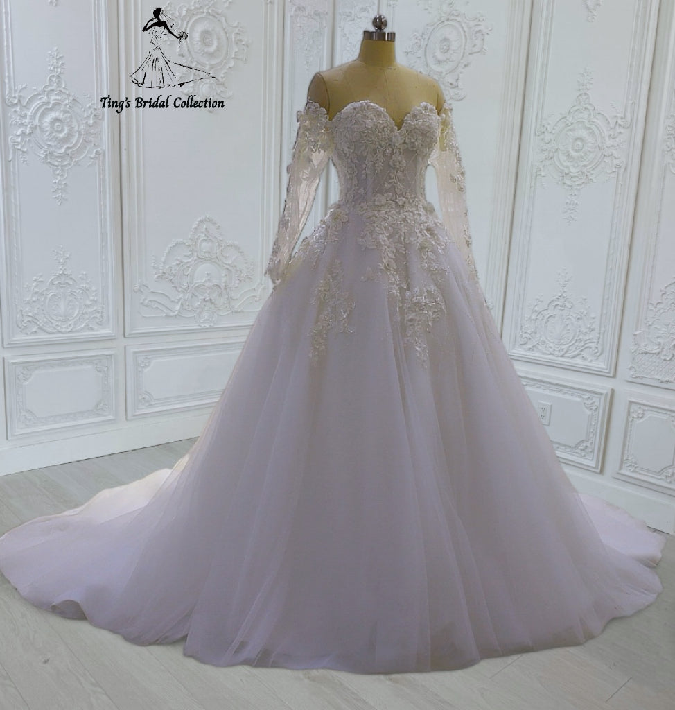 TBC-CM45 Made to order lace embroidered off the shoulder long sleeve Aline wedding dress