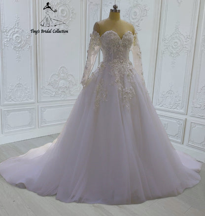 TBC-CM45 Made to order lace embroidered off the shoulder long sleeve Aline wedding dress