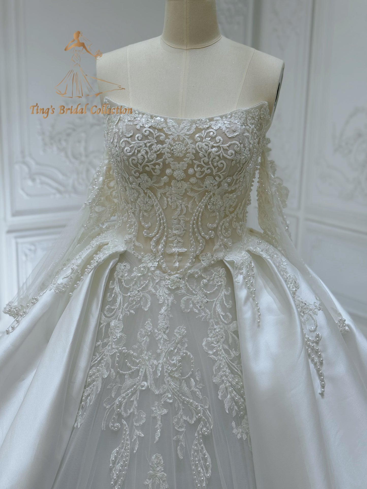 Stock of pearl beaded lace satin ballgown wedding dress