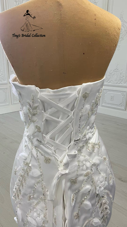 Custom-made white satin 3D beading lace embroidered strapless with straight neck 2 in 1 look trumpet wedding dress with detachable skirt - Ting's Bridal Collection