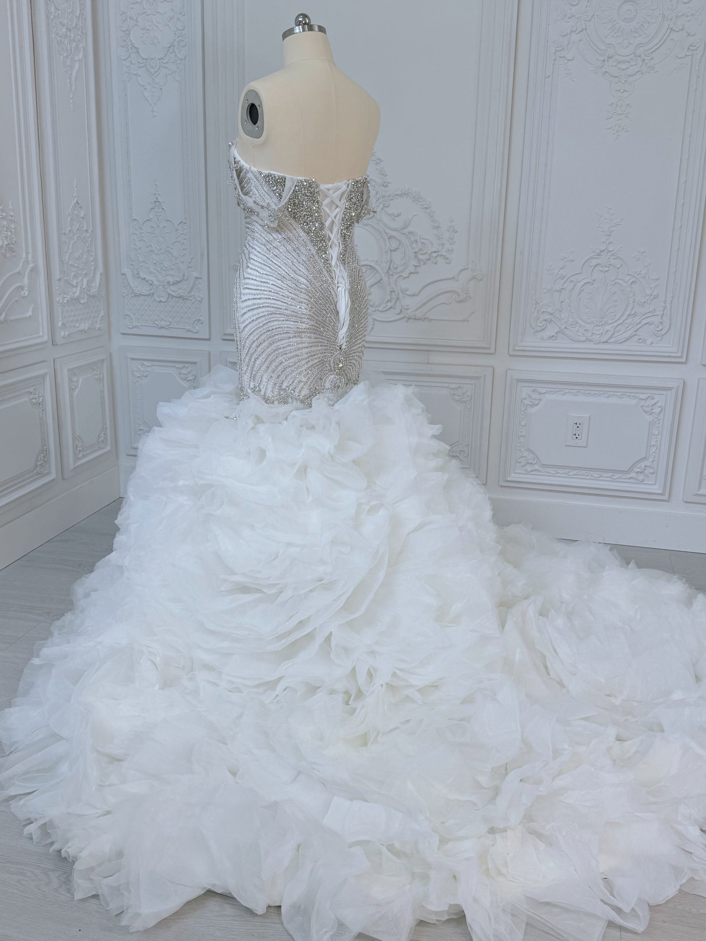 TBC-2IN1-003 Luxury crystal pearl beaded off the shoulder mermaid wedding dress with detachable ruffled skirt