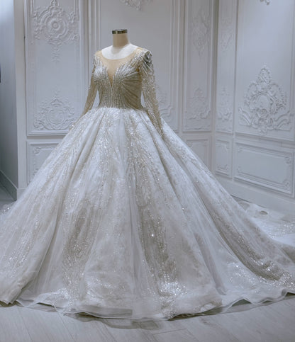 Stock Sale! Bridal size 12! Luxury crystal beading sparkling long sleeve with Deep V princess ballgown royal wedding dress - Ting's Bridal Collection