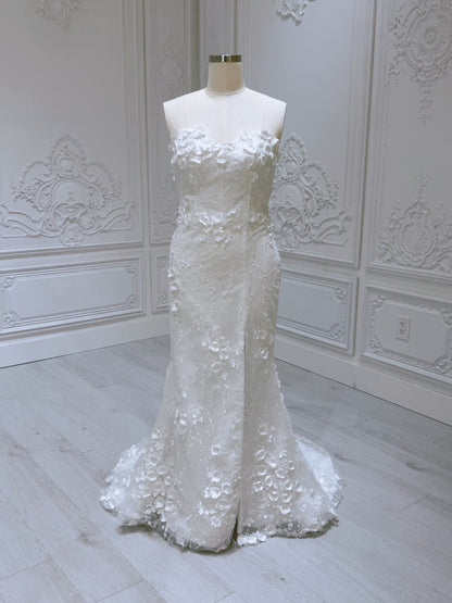 TBC-2IN1-002  Stock of White 3D floral off the shoulder 2 in 1 split mermaid wedding dress with detachable skirt